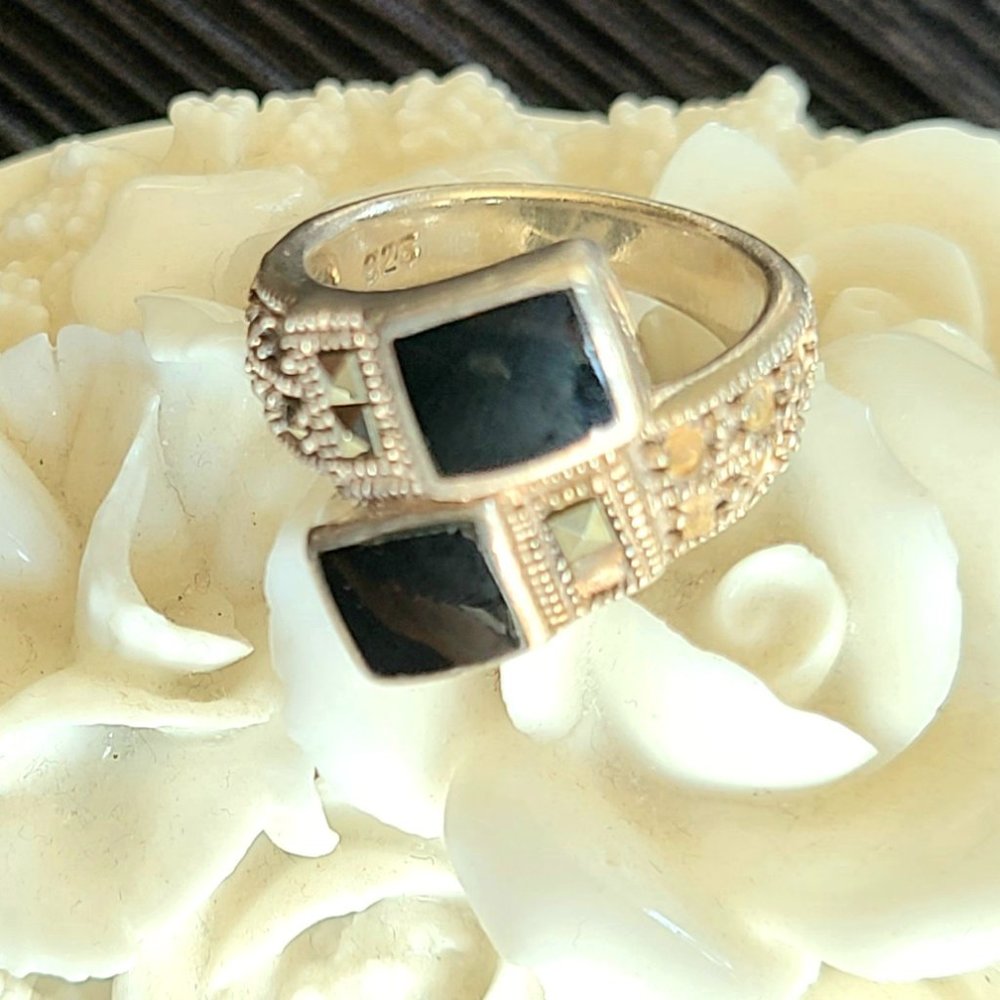 Vintage - Sterling Silver & Black Onyx & Marcasite Ring - Size 6.5-Signed 925 - Picture 6 of 9